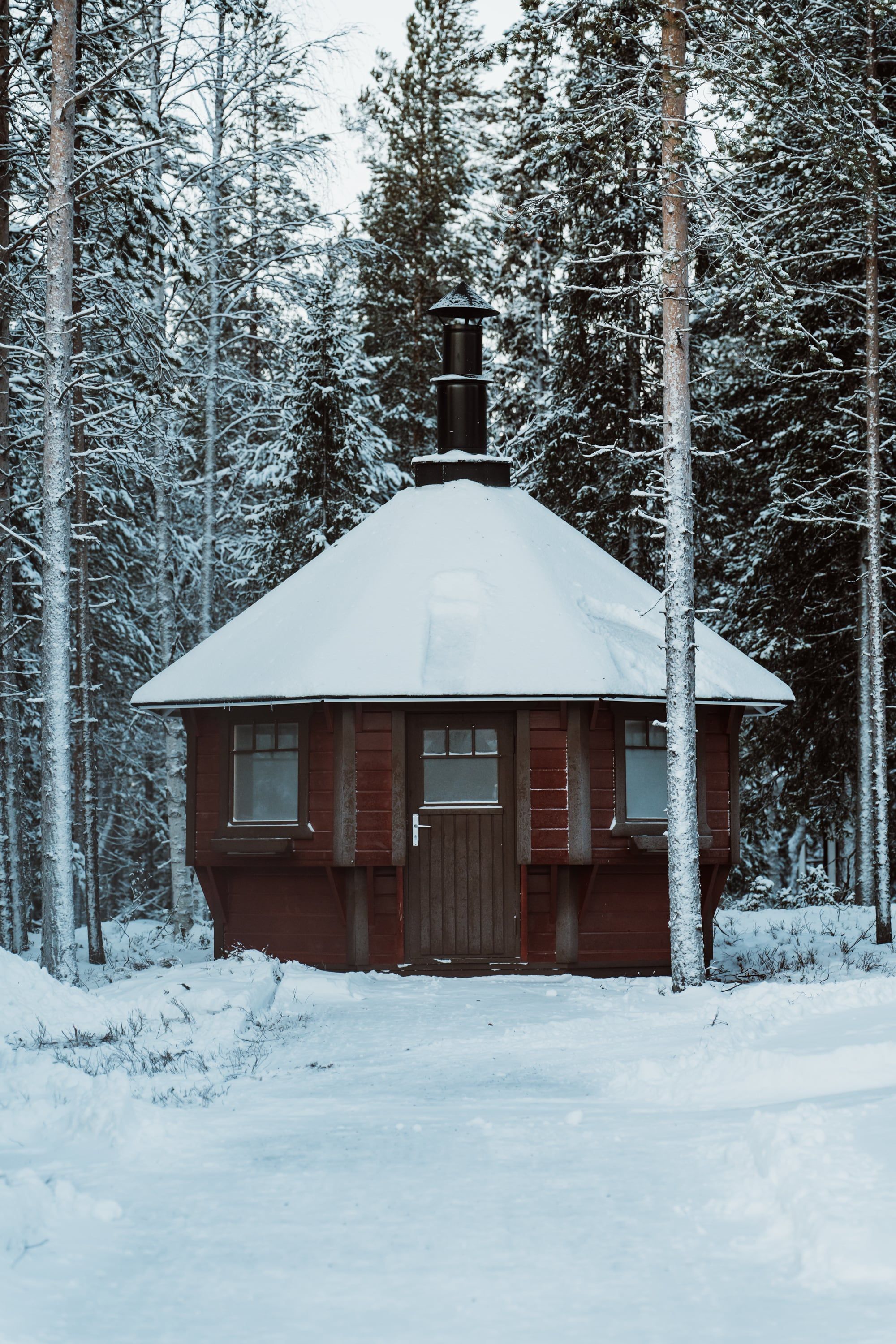 Pihapiirin grillikota lumisessa mäntymetsässä